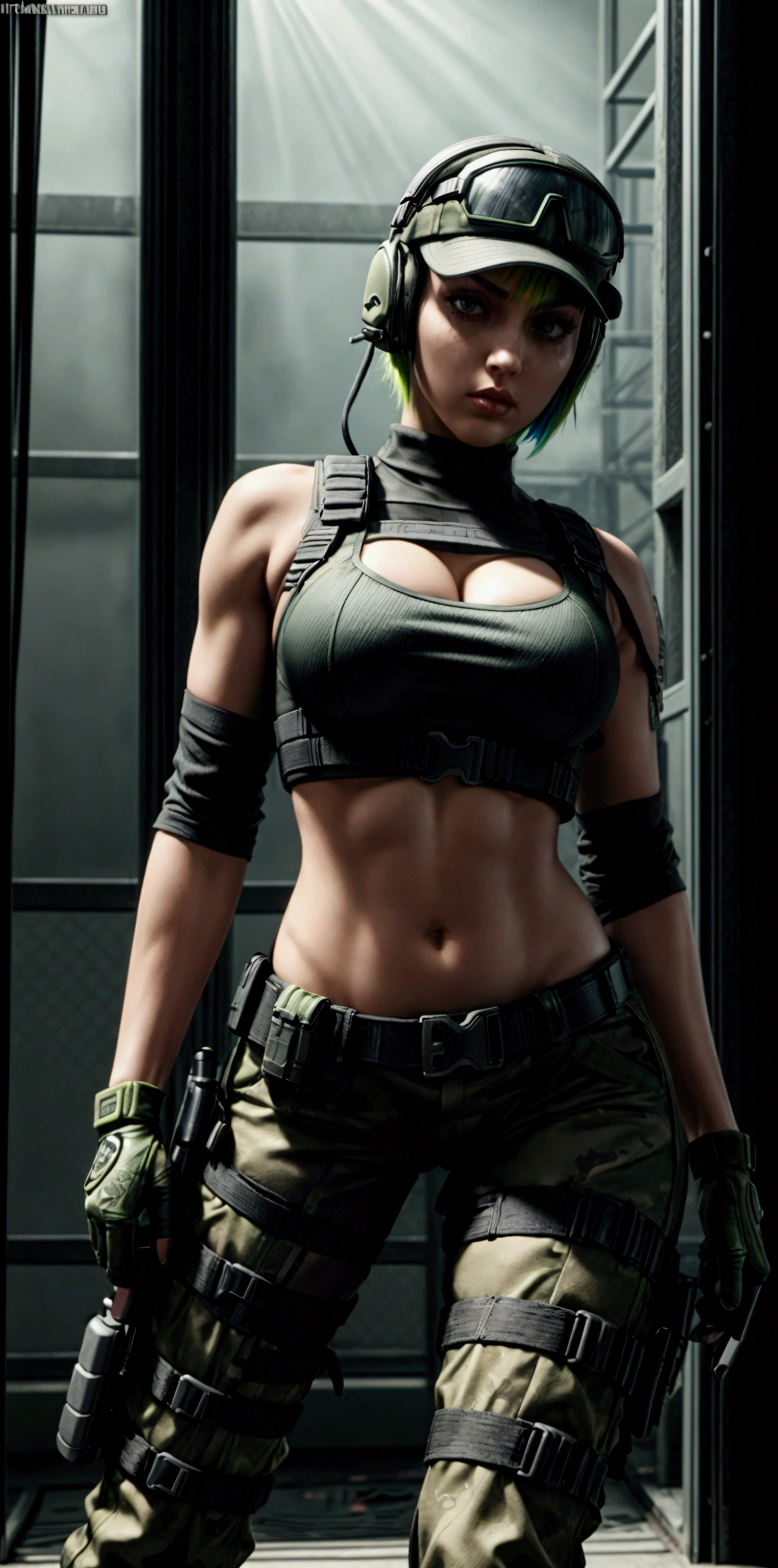 ela rainbow six siege, green short hair, cap, tactical headphones, belts, straps, tight black cloth, sexy pose, thin narrow waist, big sexy breasts, yoga military microshorts, googles, tactical gloves, headset, shirt