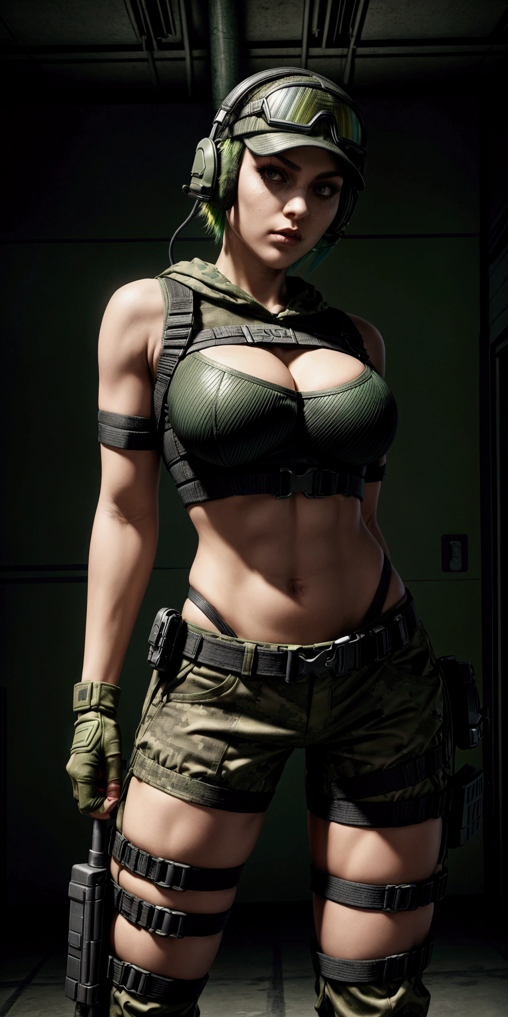 ela rainbow six siege, green short hair, cap, tactical headphones, belts, straps, tight black cloth, sexy pose, thin narrow waist, big sexy breasts, yoga military microshorts, googles, tactical gloves, headset, shirt