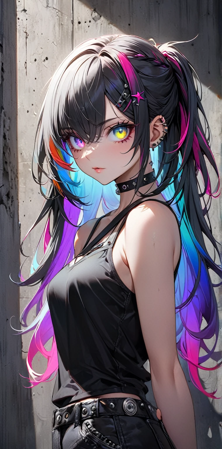 score_9、score_8_up、score_7_up、Goth Girl、One girl、Lilith、solo、Staring at the audience、Long Hair、bangs、slender shoulders、Exposed shoulders、jewelry、choker、necklace、(Black Hair、Violet Hair、Multicolored Hair、Glowing Hair)、Tattoo、No sleeve、necklace、Two-tone hair、Fuller lipakeup、Round eyes、Protruding shirt、(Black tube top、Black panties、Black Stockings)、choker、Purple Feather、cuteつま先、Wide hips、Athletic ass、Plump legs、Black Hairのbangs、Full body frame、Pause、cute、sexy、Are standing、Sitting、On all fours、Crouching、Crouching、White background、Spot colors、、、 、、
