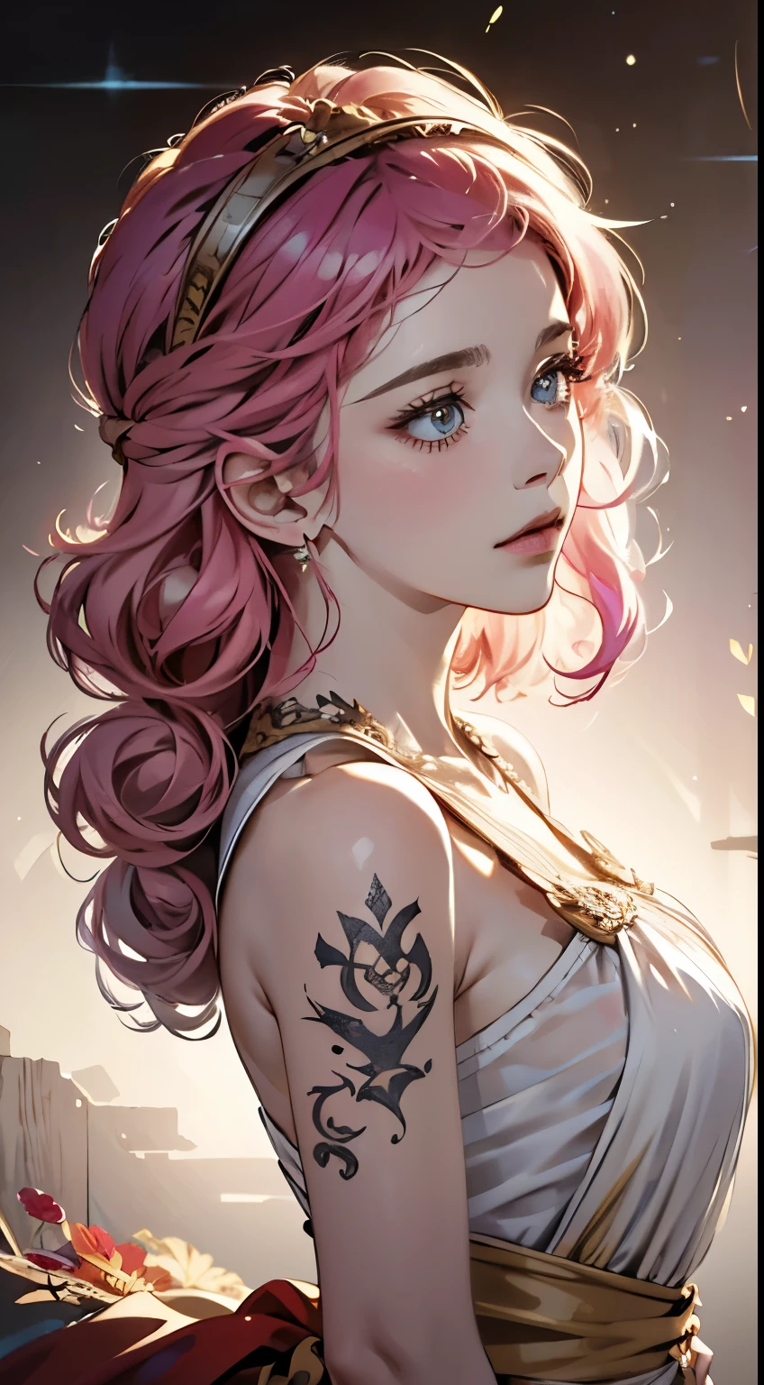 (8k, Best Quality, masterpiece:1.2),(Best Quality:1.0), (Ultra-high resolution:1.0), watercolor, Beautiful woman, shoulder, Headband, Agnes Cecil, bust, Very shiny and bright design, Pastel colors, (ink:1.3), Autumn Light,rape