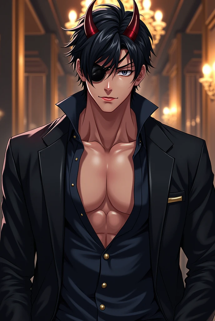absurdres, highres, ultra detailed, HDR, master piece, best quality, Fushiguro Touji, straight black hair, expressive green eyes, Jujutsu Kaisen, black leather coat, black gloves, solo, sexy man, handsome, toned chest, water, purple butterflies, purple flowers, petals