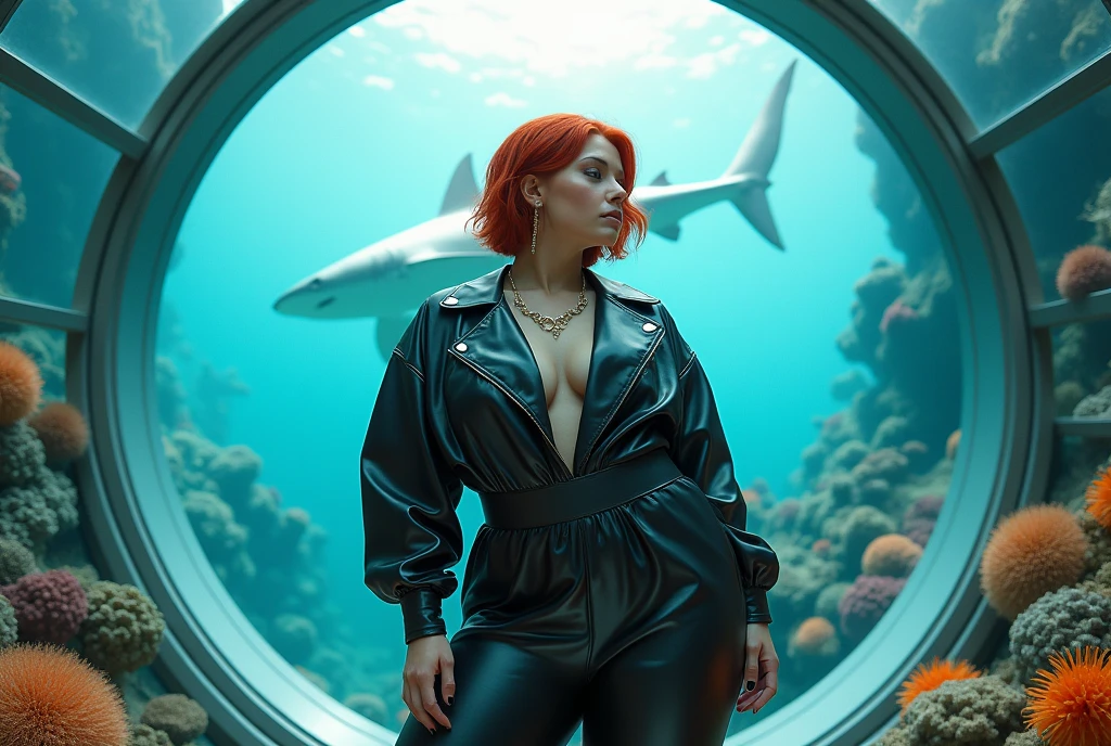 A young plus size model;  short red hair; wearing items from the autumn/winter 2024 collection;  posing inside an airtight glass dome, submerged in a sea surrounded by coral reefs.  in the background a great white shark and the soft natural light of the surface above.  Hyper-realistic clarity.