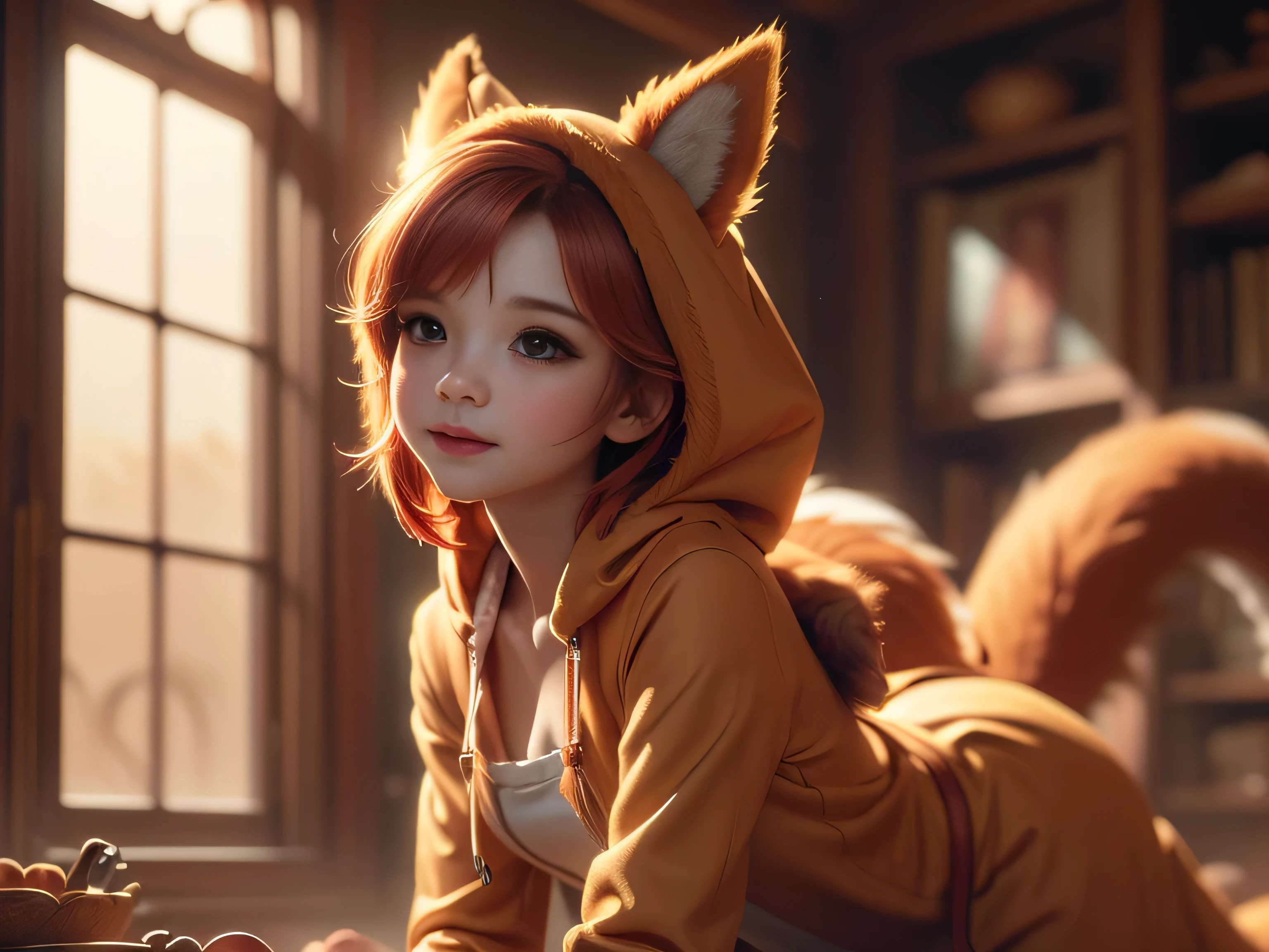 (Best Quality, Super Detailed, masterpiece, representative work, official art, professional, super high detail, 8k:1.3) Cute girl face, ginger hair, ((brown)) eyes, 1 girl, fox costume, hood, fox tail, furry, kneeling, girl dressed as furry, Vivid colors, Red hair, Innocent expressions, Playful features, Natural lighting, Soft background, Photorealistic, Shining eyes, Sharp focus, Glowing skin, Sweet and mischievous look, Hint of mischief, Dreamy atmosphere, Delicate details, soft volumetric light, (backlight:1.3), (cinematic:1.2), intricate details, (ArtStation:1.3)