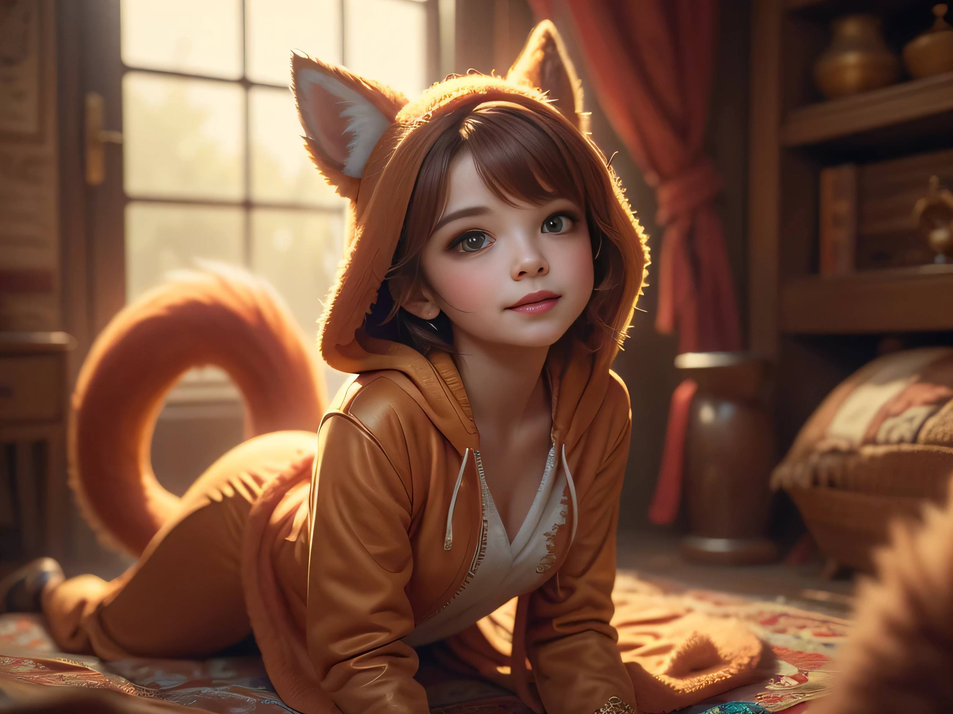 (Best Quality, Super Detailed, masterpiece, representative work, official art, professional, super high detail, 8k:1.3) Cute girl face, ginger hair, ((brown)) eyes, 1 girl, fox costume, hood, fox tail, furry, kneeling, girl dressed as furry, Vivid colors, Red hair, Innocent expressions, Playful features, Natural lighting, Soft background, Photorealistic, Shining eyes, Sharp focus, Glowing skin, Sweet and mischievous look, Hint of mischief, Dreamy atmosphere, Delicate details, soft volumetric light, (backlight:1.3), (cinematic:1.2), intricate details, (ArtStation:1.3)