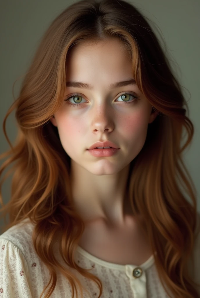 cinematic photo Photo portrait of a girl, defiant, pensive, freckles, long dark curly red hair, aquamarine eyes art by Yousuf Karsh . 35mm photograph, film, bokeh, professional, 4k, highly detailed