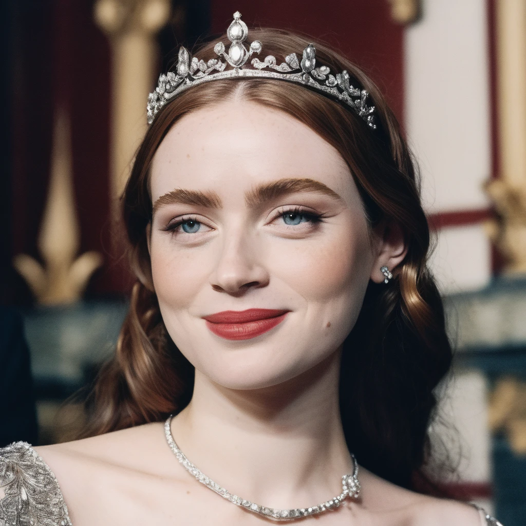 (Skin texture),High quality,Closeup face portrait photo, analog, film grain, actress dressed as a medieval queen with a delicate diamond tiara,regal, bright smile, saxsnk,  