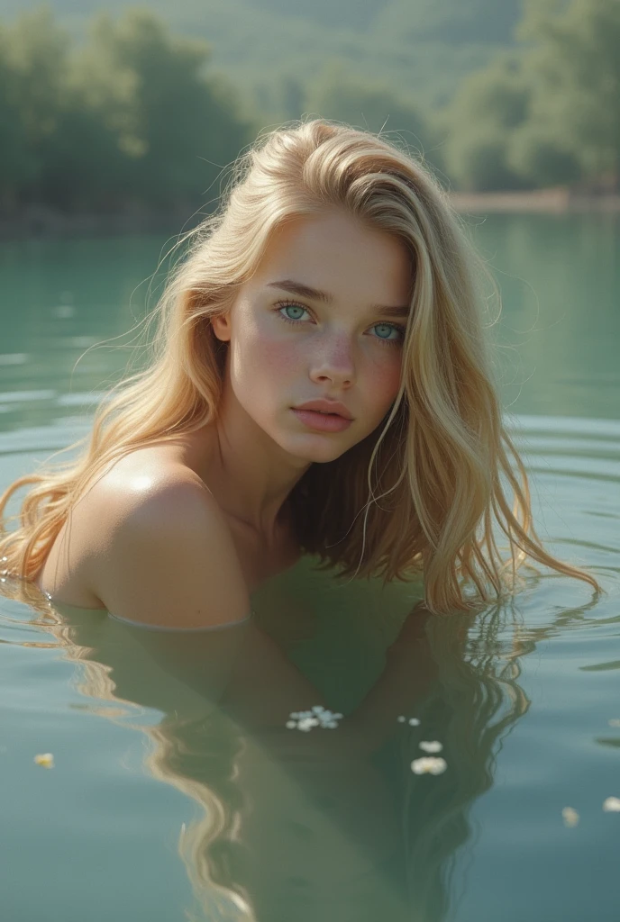 ((realistic:1,5)), ((Best quality)), ((masterpiece)), ((detailed)), (Naked Marilyn Monroe), (Upper body: 1,3), ultra wide angle lens, focus on the face , swimming in the river, expressive eyes, Long wet hair, (detailed face, beautiful eyes: 1. 3), perfect composition, tricky trick, spicy, dramatic (mirror lighting: 1.3), ((Photorealistic oil painting ; 1.5)),Renoir's style.