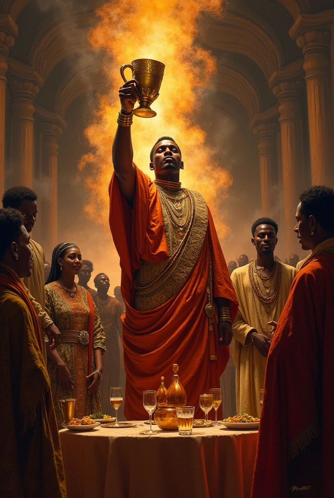 Ménélik, now a strong and confident young man, returns to Ethiopia with the ark of covenant , greeted by a crowd of people in a lush, fertile valley. He carries sacred artifacts, including the Ark of the Covenant, which radiate a soft, golden light. The landscape is green and vibrant, with distant mountains and rivers visible in the background. The people are joyous, welcoming their new leader with open arms.