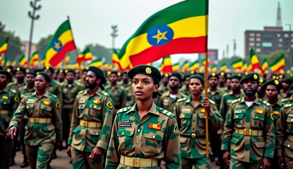 She a female Nigerian captain on camouflage uniform and beret in a parade ground training army recruits who are crossing obstacles