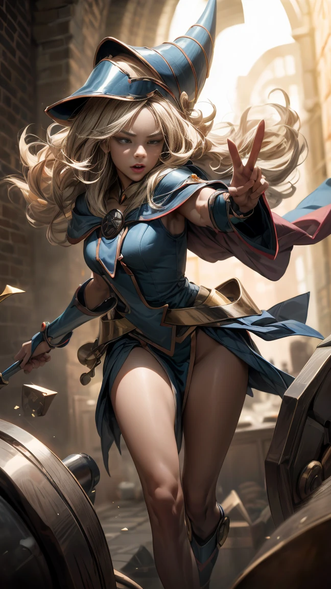 (8K,photorealistic　Raw Photography　Of the highest quality;1.4) 　(1girl in)　super beauty　(realistic face)　Female body 　(Blonde with long curls)　Hold a black and red magic wand　combat scene　Magic hat with black and gold exterior.　Beautiful expression　dazzle　(Skin of royal appearance)　(Dark mages)　tempting　super high resolution　A hyperrealist　High detail　full body photo　remains