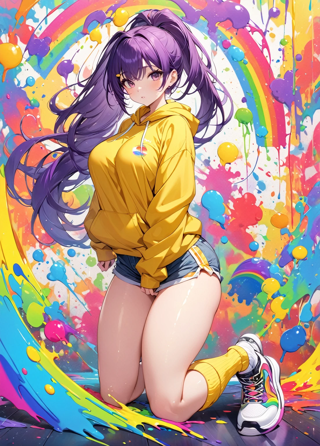 Cute girl, solo, full body, nsfw, nude, looking at the viewer, colorful, neon palette, pink background, yellow background, (multicolored background:1.2), shadow, big breasts, (pink hair:1.1), long hair, wavy hair, green eyes, legs, smile, sneakers, white shoes, 4k, details, detailed face, perfect anatomy, bare chest, no bra, jumps