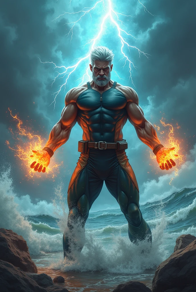 Old man with super strength with a green aura lifting a building