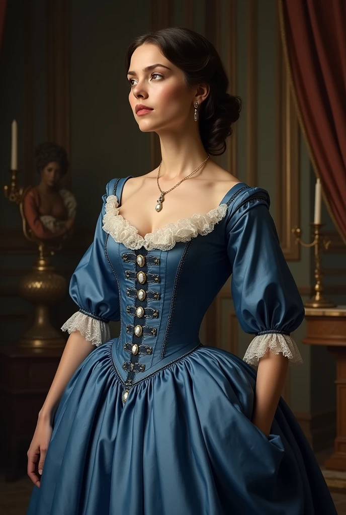 Generate angelica from Hamilton in a blue corset dress make her like 30