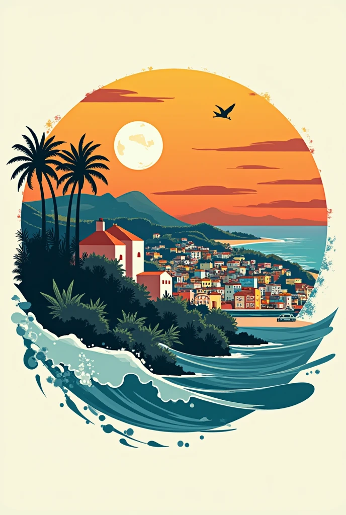 Surfers and Maresias Beach in Brazil at sunset