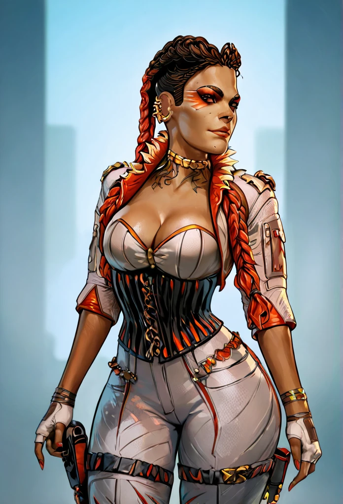 score_9, score_8_up, score_7_up, score_6_up, score_5_up, score_4_up, score_9,zPDXL2,lobaXL,loba from apex legends ,1girl,black hair,gloves,cleavage,brown eyes,jewelry,jacket,braid,red hair,multicolored hair,pants,dark skin,fingerless gloves,twin braids,dark-skinned female,gradient hair,makeup,white jacket,corset,tatto,eyeshadow,cropped jacket,white pants,hair behind ear,red eyeshadow,gold choker,wide hips