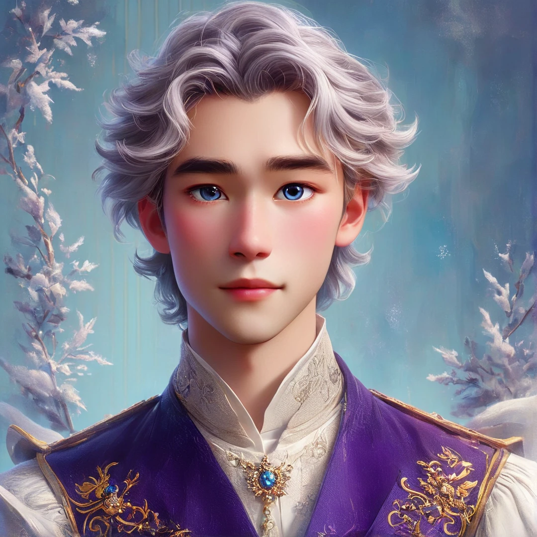 arafed image of a young man with a purple vest and blue eyes, beautiful androgynous prince, handsome prince, delicate androgynous prince, frozen klaus film, frozen ii klaus film, zhao yun, closeup character portrait, portrait of magical blond prince, cai xukun, character portrait closeup, portrait of elsa of arendelle, disney character style, disney render