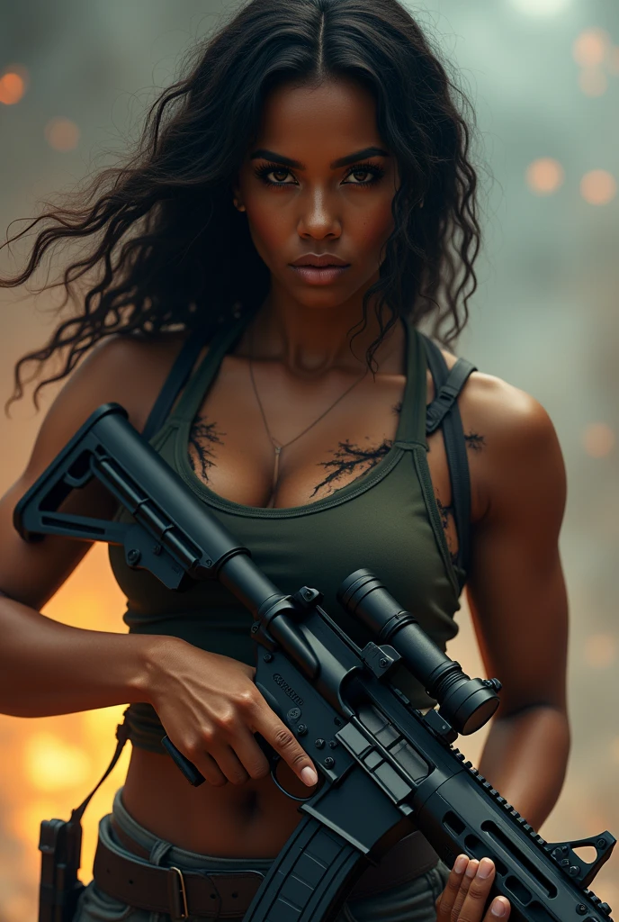 Hot sexy woman with brown skin holding a RPG, this rocket launcher is very powerful