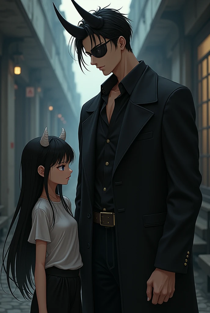 Masterpiece,1 male and 1 little girl,handsome,tall,muscular,black vest,sexy underwear,standing in the city,2D,long trunk