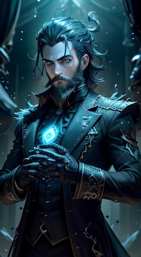 man magician necromancer, noblesse, noble, ((well-trimmed short beard)), dans les mains grimoire sombre et noir, (((army of the dead behind))), ((divers squelettes)), ((masterpiece)), (ultra quality), face quality, eyes quality (grimoire sombre et noir dans les mains), (ultra quality:1.2), (Ultra detailed:1.2), (Ultra detailed clothes:1.2), (Ultra detailed face:1.2), (Ultra detailed eyes:1.2), (Ultra detailed body:1.2)((masterpiece)), (Flawless face), (high quality), ((Un magicien homme humain)), personnage race humain, homme avec cheveux court, black hair, light smile, glint, drop shadow, atmospheric perspective, Gothic art, Surrealism, backlighting, 8k, super detail, ccurate, best quality, HD, DonMM4g1cXL, ((detailed hands)), ((undead background))