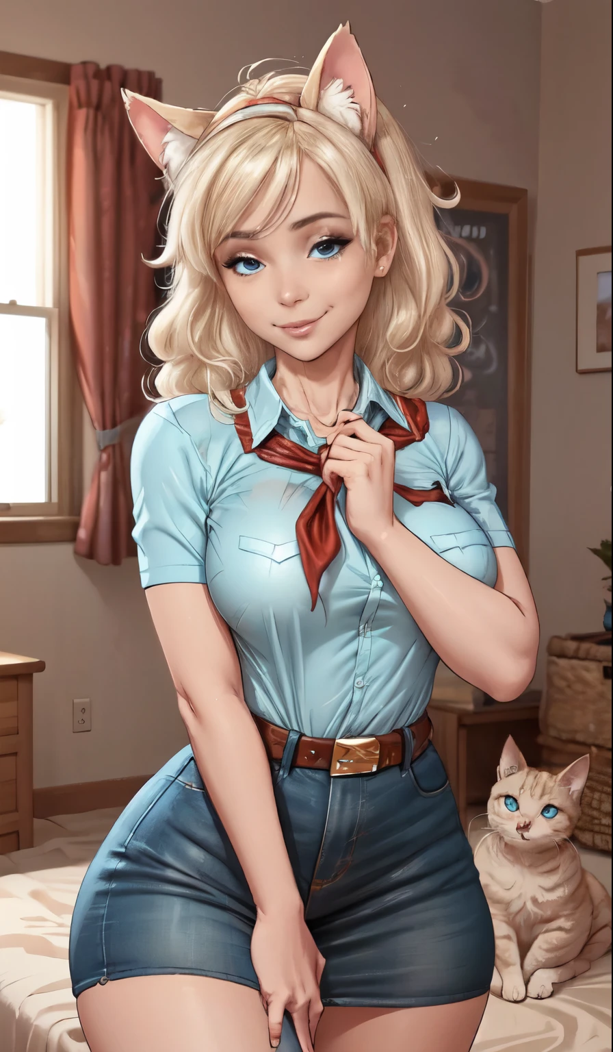 very young slim fit girl, full height, rounded face, (long curly disheveled blond hair:1.4), big blue eyes, shy smile, perfect medium breast, band on head with fake cat ears, monroe, pioneer neckerchief, short tight blue pleated skirt, bangs, tight white shirt, short sleeves, collared shirt, belt, red neckerchief, breast pocket, fellatrix