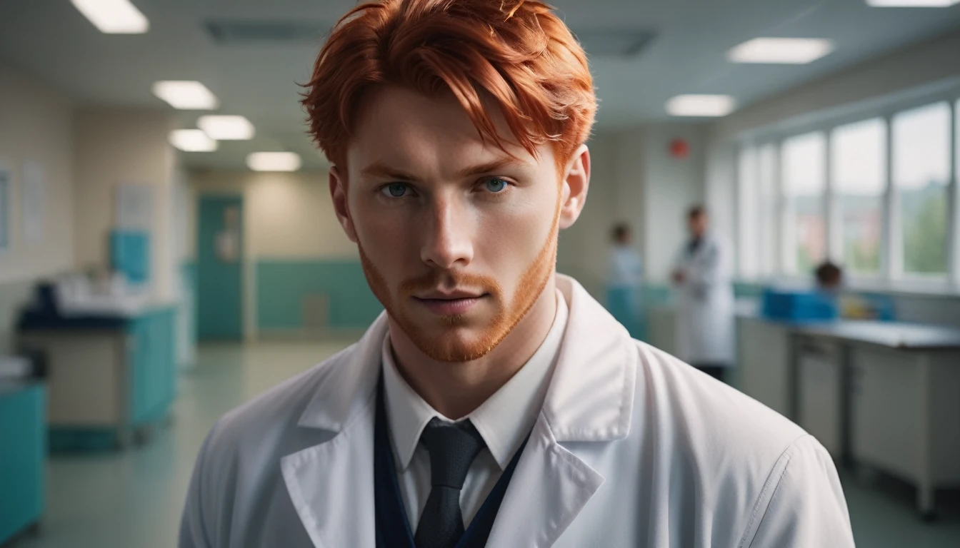 a character photo portrait of a Bosnian man with red hair wearing a doctor's coat, tailored, a character portrait of Matej Sternen, pexels contest winner, toning, backlit portrait, soft light portrait, dramatic light on face, background a hospital, with people in the background, 8k, better resolution