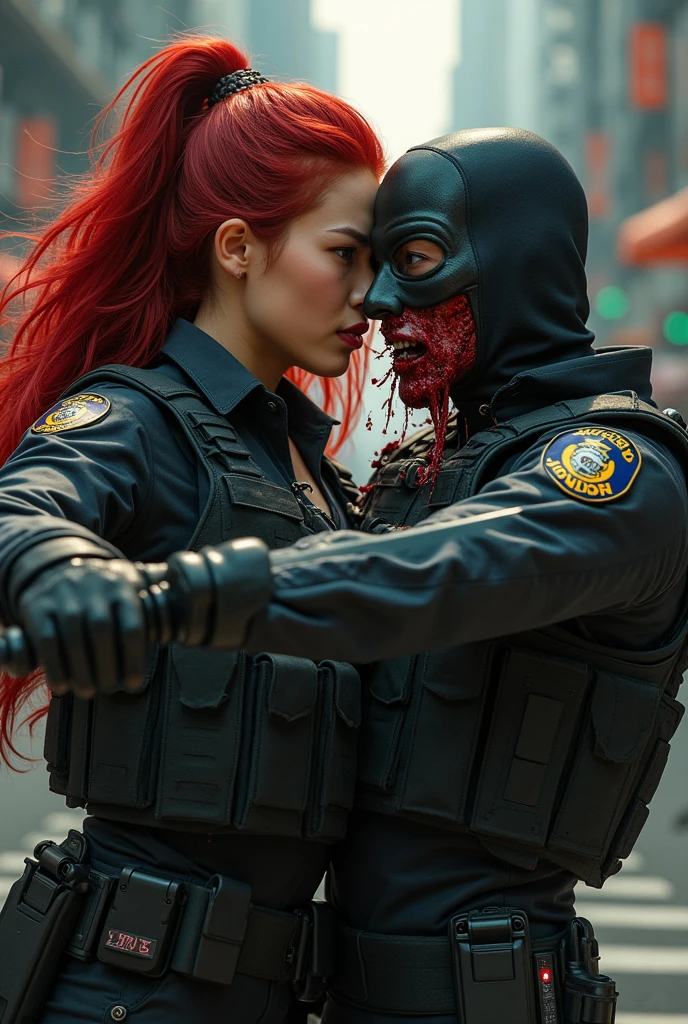 Realistic, A very beautiful dc black widows girl knife, cut throat A boy blindfold neck bloody splash, full body, wide open throat, throat contents