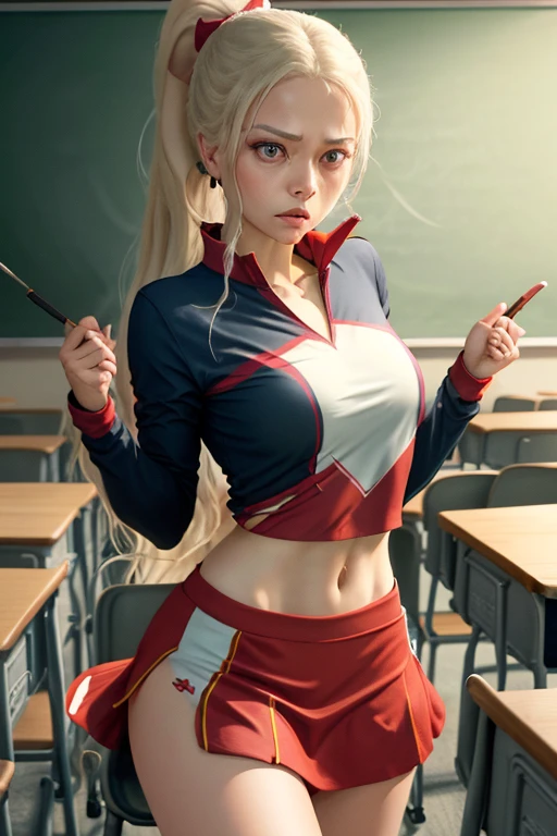 Imagine a very thin woman, dressed in a cheerleading uniform with a short skirt and tight blouse in bright colors, in a classroom full of desks and chairs. Her long hair is tied back in a high ponytail., and his expression is defiant, with an intense and penetrating look, raised eyebrow and slightly pursed lips, which accentuates his energetic and determined attitude.