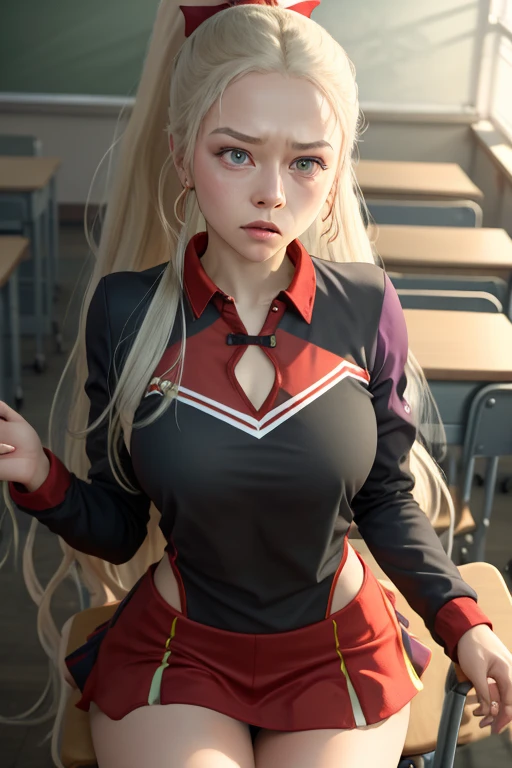 Imagine a very thin woman, dressed in a cheerleading uniform with a short skirt and tight blouse in bright colors, in a classroom full of desks and chairs. Her long hair is tied back in a high ponytail., and his expression is defiant, with an intense and penetrating look, raised eyebrow and slightly pursed lips, which accentuates his energetic and determined attitude.