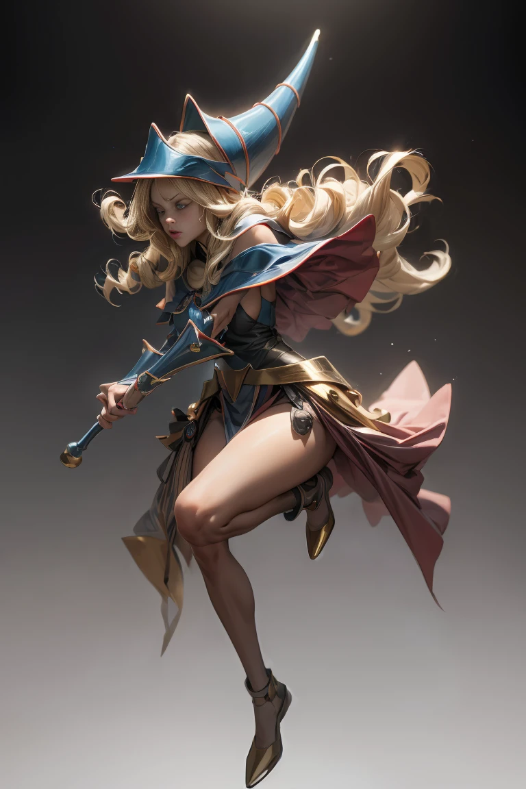 (8K,photorealistic　Raw Photography　Of the highest quality;1.4) 　(1girl in)　super beauty　(realistic face)　Female body 　(Blonde with long curls)　Hold a black and red magic wand　combat scene　Magic hat with black and gold exterior.　Beautiful expression　dazzle　(Skin of royal appearance)　(Dark mages)　tempting　super high resolution　A hyperrealist　High detail　full body photo　remains