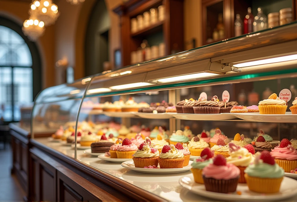 a bakery display case in the foreground, with cakes, Enchanted Cupcakes by Laura Rester, various bakery sweets, beautiful showcase display case