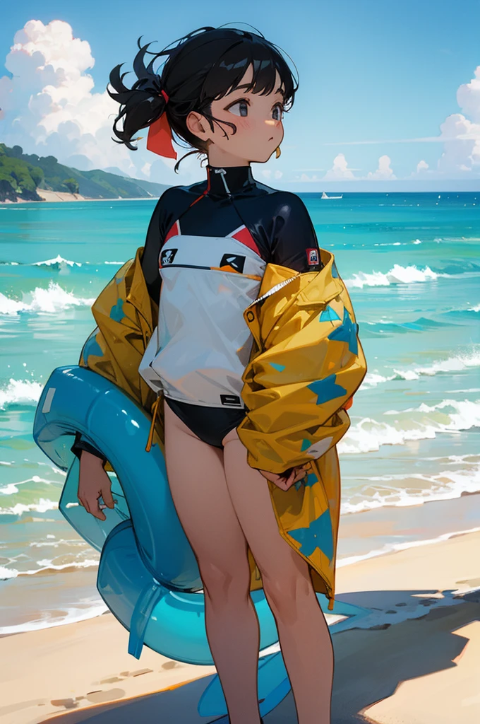 ランダムなポーズ、Random patterned swimsuit、Random patterned swimsuit,Swimsuit,Blushing、Medium Hair、Black Hair、Black Eyes、Head to toe full body、Blushing、Embarrassed look、Composition from the front、A view from slightly below、school swimwear、Acme Face、Random pose、, 、nsfw、Highest quality、1 girl、solo、Ocean、Sandy Beach、Sexy pose、Random pose、Blushing、wet、Embarrassed、I can see half of my 、、One piece swimsuit、(Strap slip:1.3)、