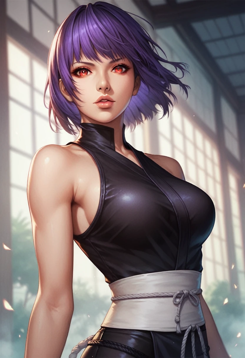 (masterpiece, best quality:1.2), upper body, solo, 1girl, mitarashi anko, smile, looking at viewer, hands on table, ponytail, headband, forehead protector, fishnets, jewelry, necklace, indoors, food, bowl of food
