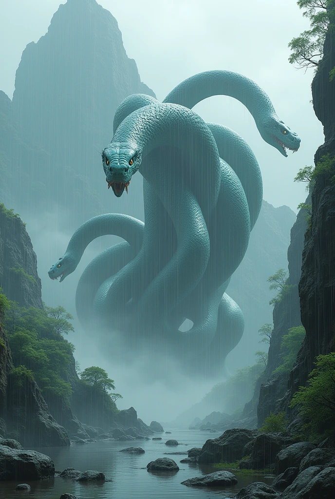  masterpiece, Highest quality, (A snake dragon that climbs the waterfall and soars into the sky)、