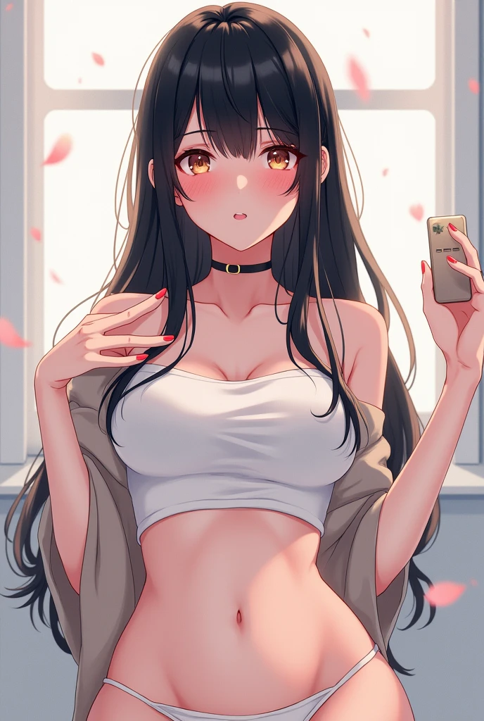 Long black hair, large eyes, wearing a pink mask, bangs hanging down to the eyebrows, peaceful expression, hands in front of neck, white bikini, pink curtain behind, upper body image, anime image