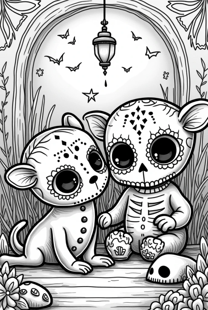 A high resolution realistic photo of two gorgeous nude European women wearing beige stockings. In a busy Mexican village at night. Sitting on a bed. Spreading legs. Touching vaginas. Having orgasms. Sexy. Beautiful. Face painted like a sugar skull. Dio de Los Muertos festival. Medium length blonde hair. Perfect body. Perfect pussy. Tattoos. Perfect body. Slim legs. Narrow waist. Huge breasts. Perfect nipples. Erotic. Masterpiece