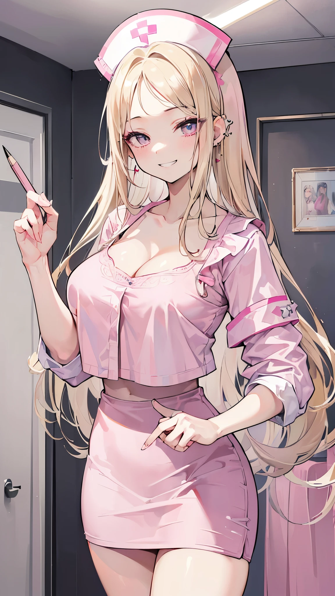 (8K、Highest image quality、highest quality、masterpiece)、detailed face、 1 girl、nakamura misaki (nanae), light blonde hair, blunt bangs, long hair, pink eyes, heart shaped earrings, mole under eye、evil smile、((grin))、big breasts、((white sweater))、((off shoulder))、strapless、cleavage、((black pencil skirt))、cowboy shot、bedroom background