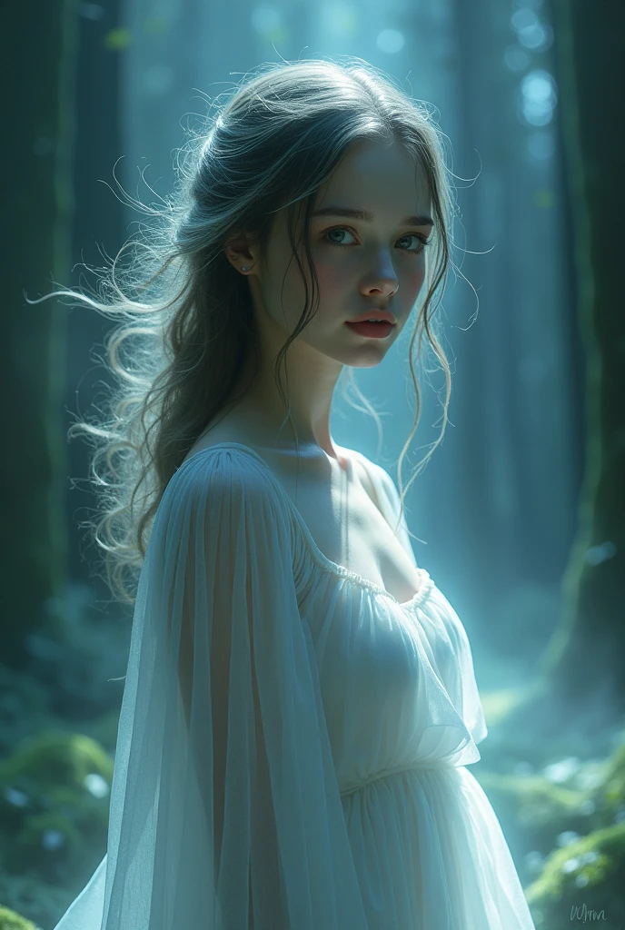 Ghostly Girl, 18-year-old, with (Translucent appearance:1.3), Her figure is almost intangible, with soft glow emanating from her gentle contours, Her ethereal presence subtly distorts the surroundings., Create a dreamy atmosphere