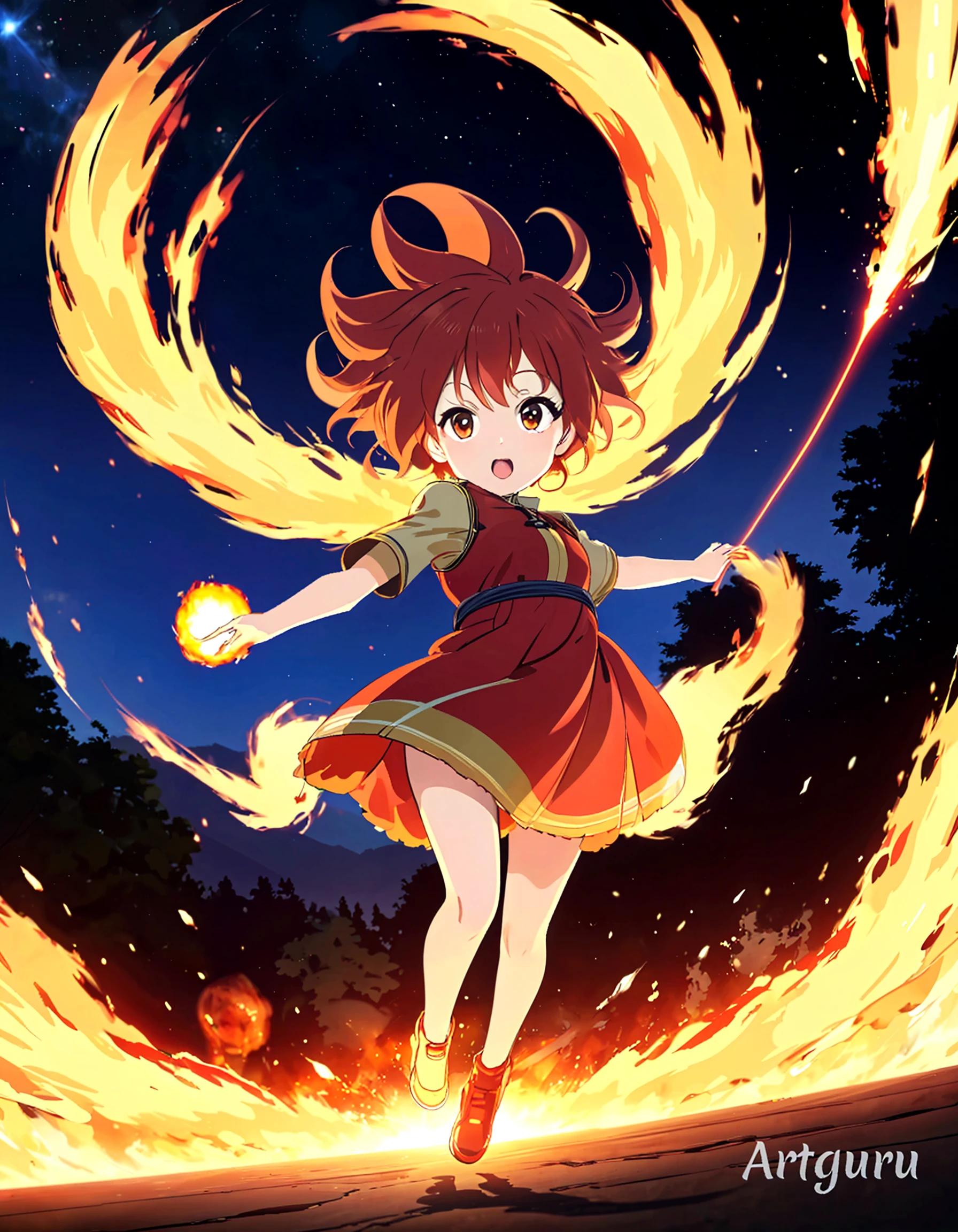 girl with、elementary student、Charmander、An ultra-high picture quality、in 8K、Delicate hand、red clothing、Red hair、Red tail、Flame at the end of the tail、firey