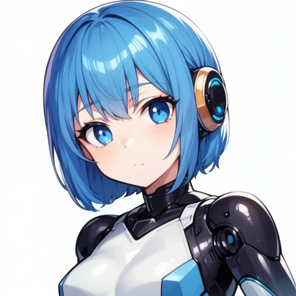 Robot Girl. blue hair. blue eyes. robot pupils. indifferent face. detached look. robot suit. on a white background.
