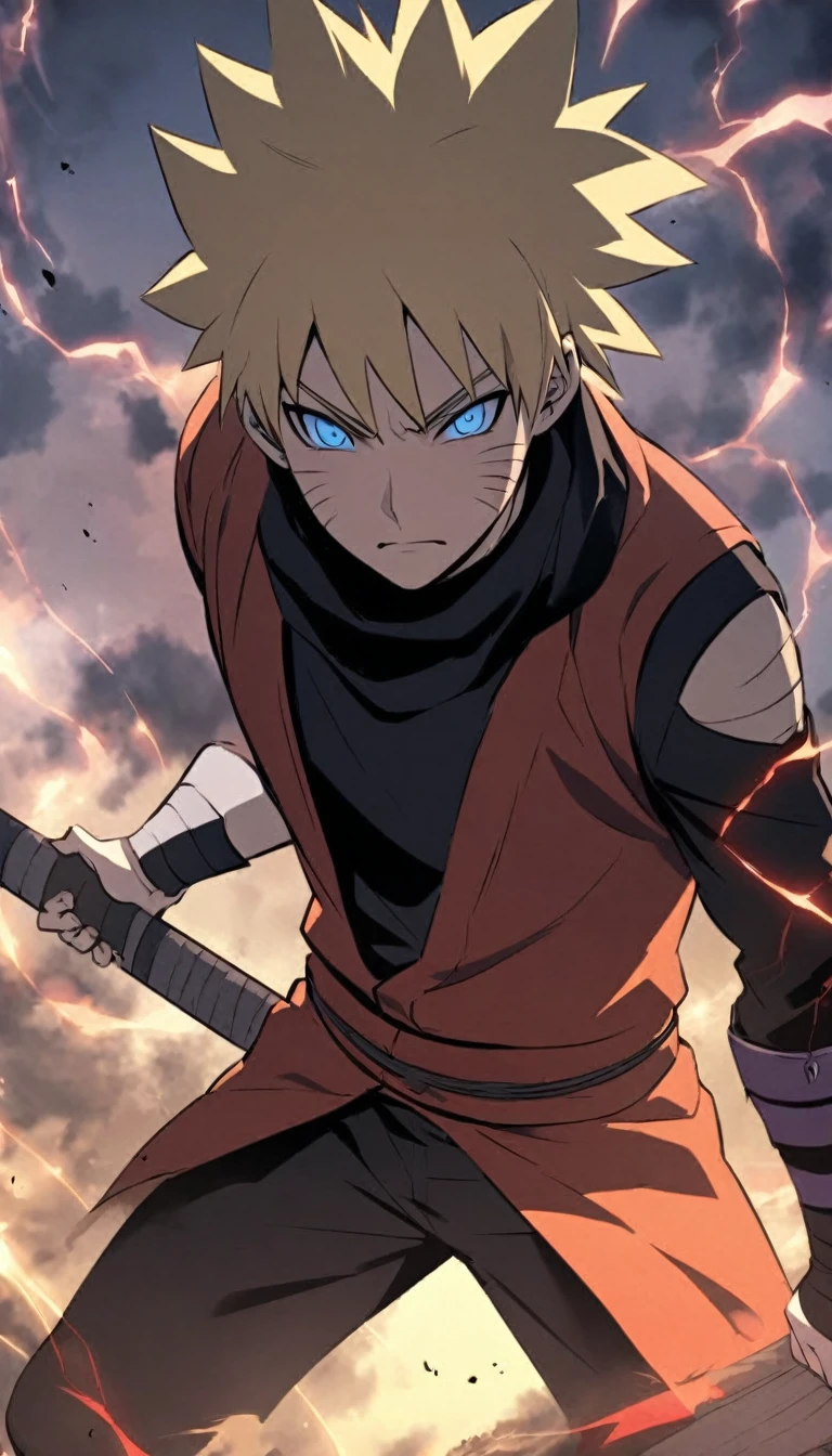 A  Namikaze ninja with spiky blond hair, wearing a casual ninja outfit with a more arrogant and defiant expression. His eyes are blue and purple, with small lightning scars on his eyelids reflecting a sharp and confident attitude. He holds a staff instead of a sword. His outfit combines elements of blue and gray, with unique symbols or details that show his ambition and desire to stand out. The style is similar to that of the anime Naruto, with a bold and striking appearance.