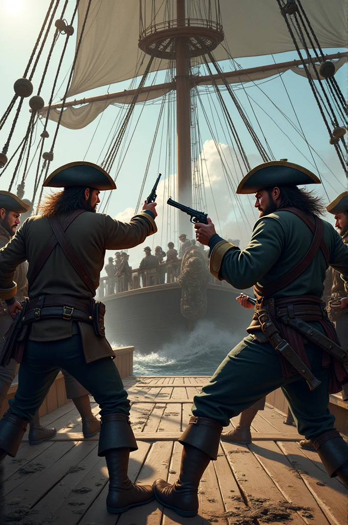 "A dynamic shot capturing the intense battle between pirates, showcasing a thrilling martial fight scene with the pirate crew. creating an exhilarating skirmish and gunfight."