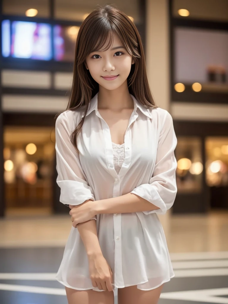 ((highest quality, 8k, masterpiece: 1.3)), 1 girl, smile, whole body, Slim face, Beautiful woman, Medium dark brown hair, White crisp shirt at upper body, The upper body is black straight suit pants, High heels, Highly detailed face, Fine grain, double eyelid, Blurred Background, Slim face, skyscraper, West Shot,((Loosely inward wavy hair:1.2)),((Gold Necklace_Large earrings:1.2)),((Extra long brown hair:1.2))(((((((wearing camisole short dress, heel‗long sleeve_see-through_without back with Shoulders out:1.2)))、((full figure supermodel standing, entire body in frame))((Late at night, Standing on a hotel balcony with a beautiful night view:1.4)),((kneeling down:1.3)),