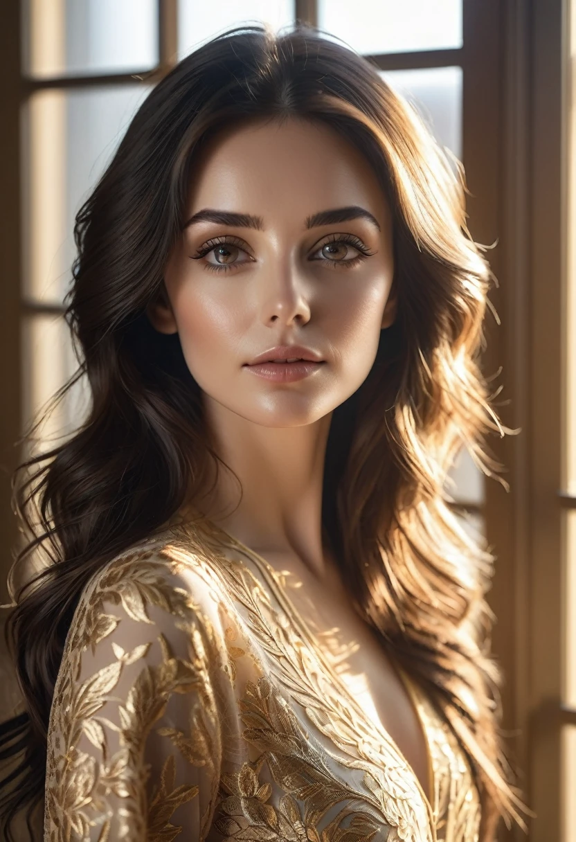 a beautiful brunette woman, portrait, posing front of a window, soft golden fill light, RAW photo, (detailed face), high detail, sharp focus, aesthetic, 8k uhd, DSLR, intricate details, soft lighting, high quality,