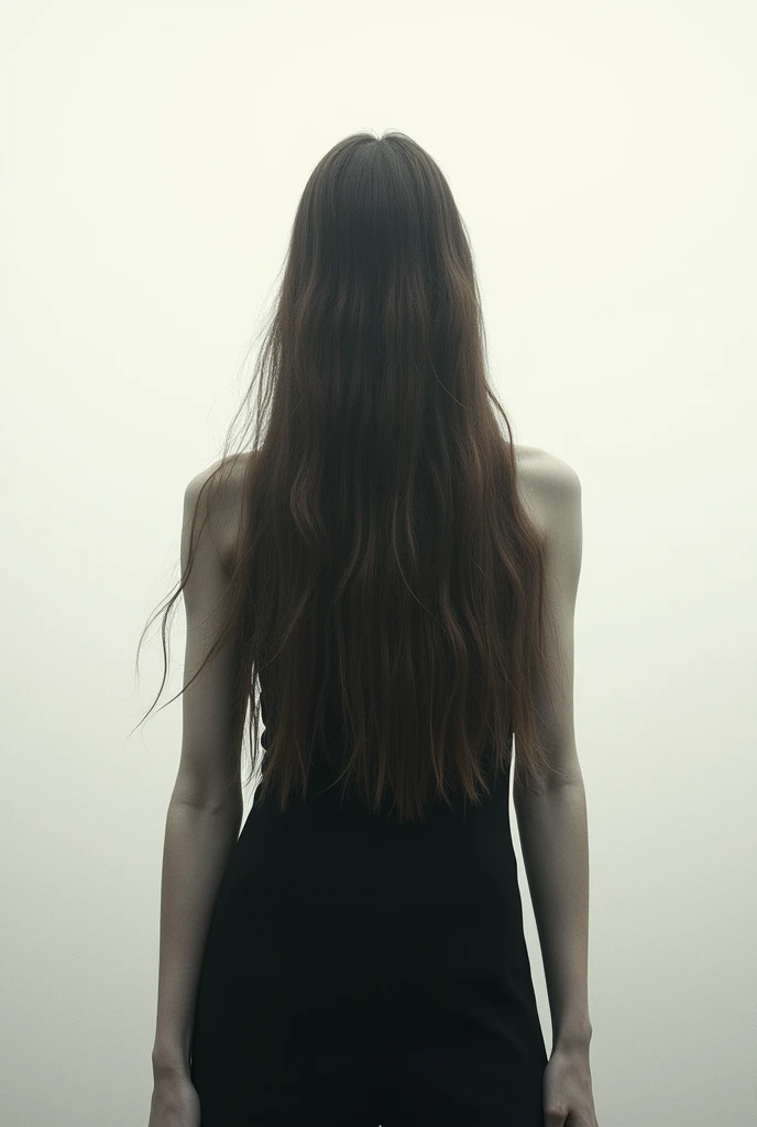 black haired white woman from behind admiring black and white painting on wall