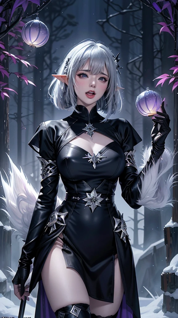 (masterpiece, high quality:1.1), y'shtola, miqo'te, cinematic lighting, extremely detailed, Matoya, hair ornament, feather hair ornament, choker, black choker, brooch, dress, long dress, black dress, fur-trimmed dress, fur trim, backless outfit, cleavage, long sleeves, wide sleeves, gloves, black gloves, fingerless gloves, partially fingerless gloves, ring, claw ring, y'shtola, y'shtola rhul, miqo'te, cat girl, grey hair, short hair, bangs, animal ears, cat ears, grey eyes, slit pupils, lips, facial mark, whisker markings, tattoo, neck tattoo, tail, cat tail,
