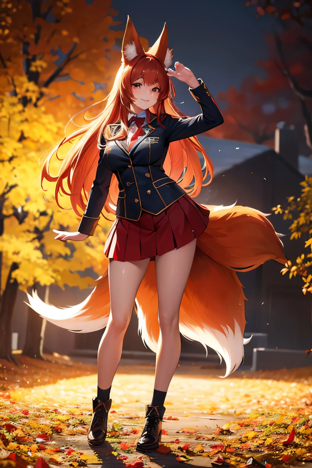 a beautiful red fox girl in a school uniform, cute fox ears and tail, sexy and attractive, full body shot, highly detailed, hyper realistic, 8k, photorealistic, professional, cinematic lighting, vibrant colors, intricate details, beautiful flowing hair, expressive eyes, flawless skin, adorable smile, elegant pose, warm autumn colors, lush natural environment, detailed school uniform, realistic textures, masterpiece