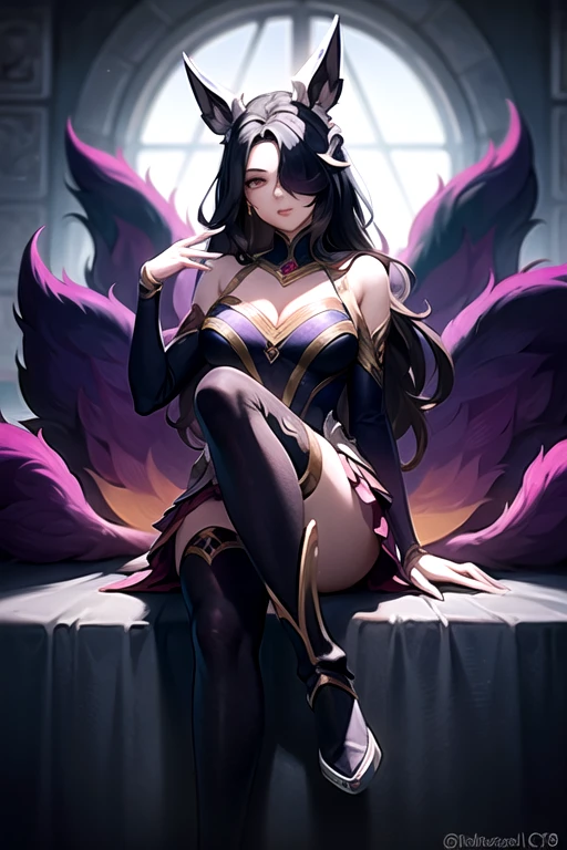 1 girl, coven ahri, 9 tails, boots to knee, purple stockings, hair covering her eye, feather skirt  