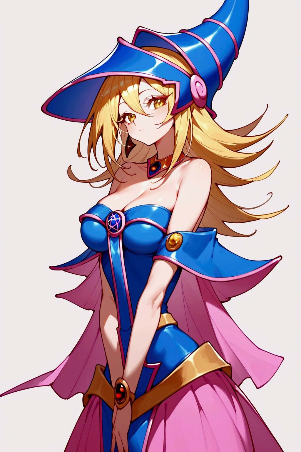 score_9, score_8_up, score_7_up, Soraka (league of legends), 1 girl, yellow eyes, blonde hair, horn on forehead, sexy, full body, squinty eyes, earrings, long eyelashes, sexy, big bust, pretty face, dressed as the dark magician girl (Yu-Gi-Oh!)