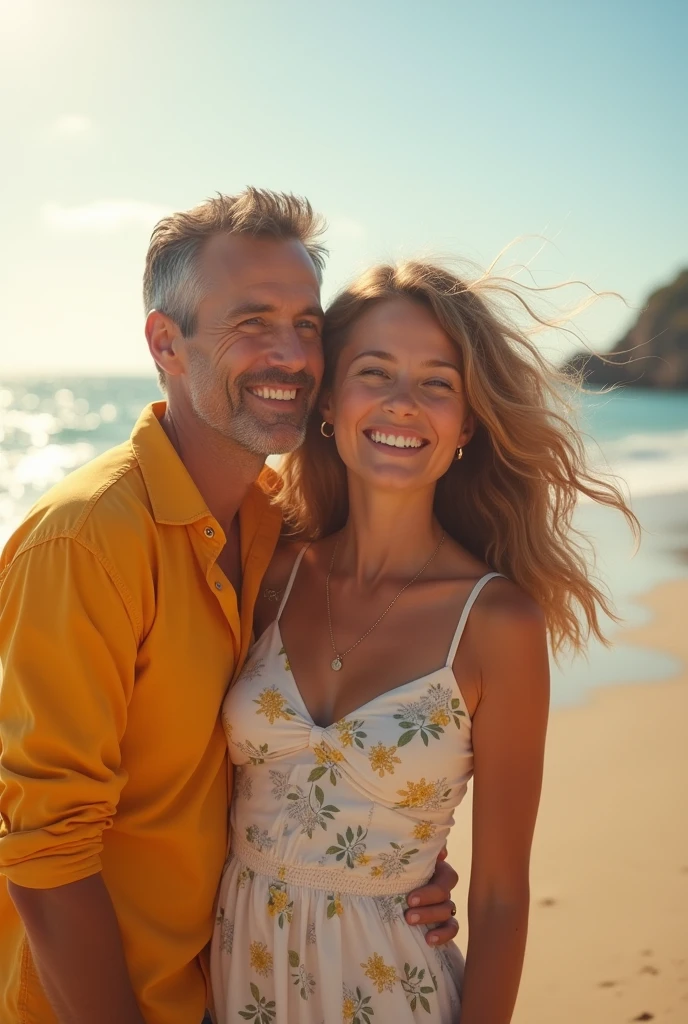 Gere uma imagem 8K altamente realista representando um casal americano sorridente na casa dos 40 anos. A mulher deveria ter short, cabelos loiros e olhos azuis, enquanto o homem deveria ter cabelo castanho claro curto e olhos azuis. O foco da imagem deve estar em seus rostos, e no fundo, retratar uma cena de praia durante o dia com o sol se pondo.