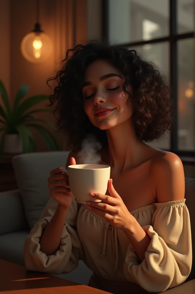 A highly realistic, high-contrast, 8K HD, detailed, hyper-detailed image of a single young woman sitting on the floor in an American-style room, illuminated by warm, orange lighting. The room is cozy with modern furniture, but no sofa is visible in the background. She sits comfortably on the floor, holding a drink in one hand, looking directly at the camera for a lip-sync video. Her face is clearly visible with a neutral expression, and her hairstyle is distinct, making it easy to replicate in future scenes. The scene captures the intimate and focused setting of the woman sitting confidently in the comfortable, inviting environment.
